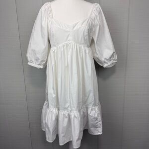 Banana Republic White Empire Waist Babydoll Mini Dress Short Puff Sleeves Ruffle
